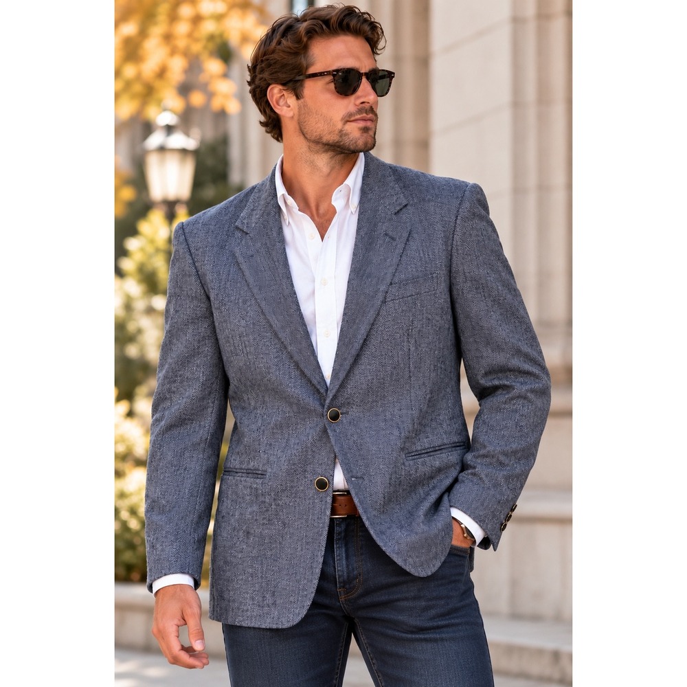 Executive 100% Silk Blazer Blue Herringbone Sport Coat Jacket Minimalist Sz 39R